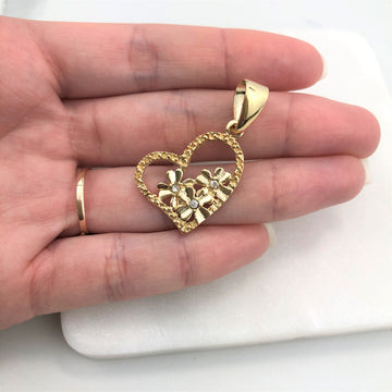 18K Gold Layered Oro Laminado Clear CZ Center In Flower Design Inside of A Heart Shape Pendant 31.0035/1